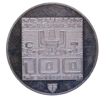 Preview: Rückseite: 100 Schilling Silber 1976 – Skirennläufer, Olympia Innsbruck, PP