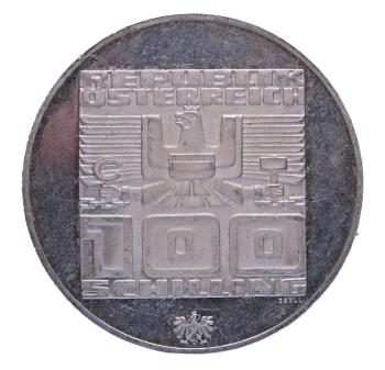 Preview: Rückseite: 100 Schilling Silber 1976 – Skirennläufer, Olympia Innsbruck, PP