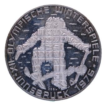100 Schilling Silber 1976 – Olympia Innsbruck, Skirennläufer, 3. Ausgabe Wien, PP