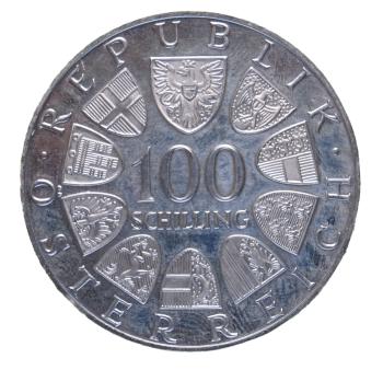 Preview: 100 Schilling Silbermünze Österreich 1977 – 1200 Jahre Kremsmünster, Polierte Platte, Gedenkmünze mit spiegelnder Oberfläche und historischem Motiv