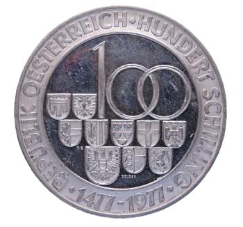Preview: 100 Schilling Silbermünze Österreich 1977 – 500 Jahre Prägestätte Hall, Polierte Platte, Reitermotiv mit Wappen, spiegelnde Oberfläche