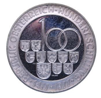 Preview: 100 Schilling Silbermünze Österreich 1977 – 500 Jahre Prägestätte Hall, Polierte Platte, Reitermotiv mit Wappen, spiegelnde Oberfläche