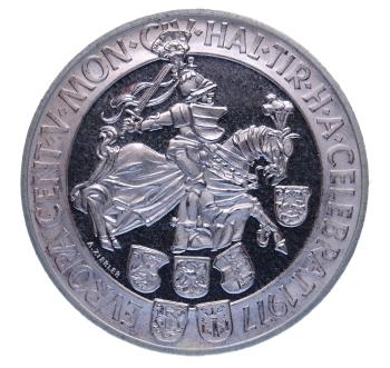 100 Schilling Silber 1977 – Wertseite mit österreichischen Wappen, Polierte Platte, Gedenkmünze zur Münzgeschichte Hall in Tirol