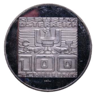 Preview: 100 Schilling Silber 1977 – Wertseite mit österreichischem Wappen, Polierte Platte, Gedenkmünze zur Geschichte der Festung Hohensalzburg
