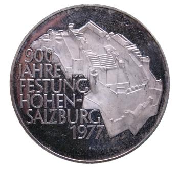 00 Schilling Silbermünze Österreich 1977 – 900 Jahre Festung Hohensalzburg, Polierte Platte, Festungsmotiv mit spiegelnder Oberfläche