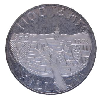 100 Schilling Silbermünze Österreich 1978 – Villach Jubiläum, Polierte Platte, Stadtansicht mit Jahreszahlen 878 und 1978