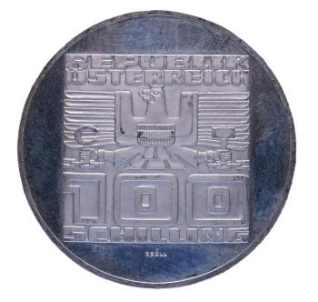 Preview: 100 Schilling Silber 1978 – Wertseite mit Bundesadler, Polierte Platte, Gedenkmünze 700 Jahre Gmunden