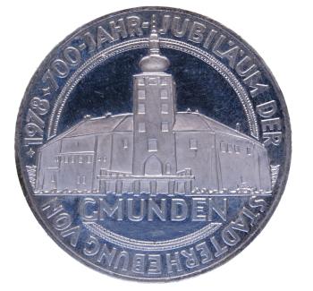 100 Schilling Silbermünze Österreich 1978 – Stadterhebung Gmunden, Polierte Platte, Stadtansicht mit Jubiläumsmotiv