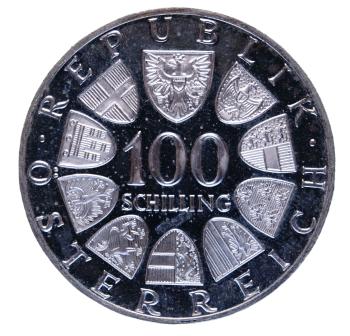 Preview: 100 Schilling Silber 1979 – Wertseite mit österreichischem Wappen, Polierte Platte, Gedenkmünze zur Kulturstätte Bregenz