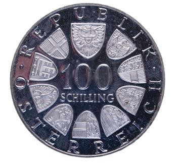 Preview: 100 Schilling Silber 1979 – Wertseite mit österreichischem Wappen, Polierte Platte, Gedenkmünze zur Eröffnung der UNO-City Wien