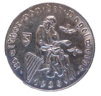 Porträt Walther von der Vogelweide auf 2-Schilling-Silbermünze 1930