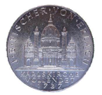 Vollendete Karlskirche auf 2-Schilling-Silbermünze 1937