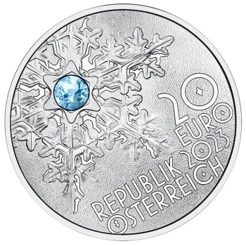 Preview: Vorder- und Rückseite der 20-Euro-Silbermünze 2023 Die Schneeflocke mit Schmuckstein