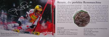 5-Euro-Silbermünze Österreich 2005 „100 Jahre Skisport – Renate Götschl“ in originalem Miniblister, Prägequalität Handgehoben (HGH), Motiv mit Skifahrerin und stilisiertem Schneekristall