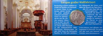 5-Euro-Silbermünze Österreich 2007 „850 Jahre Mariazell“ in originalem Miniblister, Prägequalität Handgehoben (HGH), Motiv mit Basilika Mariazell und Jubiläumsinschrift
