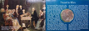 5-Euro-Silbermünze Österreich 2006 „Wolfgang Amadeus Mozart in Wien“ in originalem Miniblister, Prägequalität Handgehoben (HGH), Motiv mit Mozart-Porträt und Wiener Musikszene