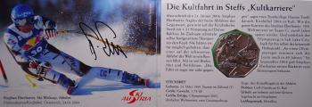 5-Euro-Silbermünze Österreich 2005 „100 Jahre Skisport – Stephan Eberharter“ in originalem Miniblister, Prägequalität Handgehoben (HGH), Motiv mit Skifahrer und stilisiertem Schneekristall