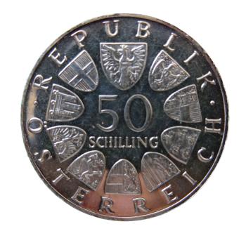Preview: 50 Schilling Silber 1968 – Rückseite der Gedenkmünze, Jubiläumsprägung 50 Jahre Republik Österreich, Silber