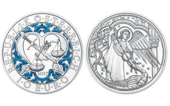 10 Euro Silbermünze 2017 Michael der Schutzengel in Polierter Platte – Motiv: Erzengel mit Schwert und Schild, Münze Österreich