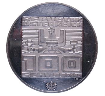 Rückseite: 100 Schilling Silber 1976 – Olympia Innsbruck, 4. Ausgabe Hall, PP