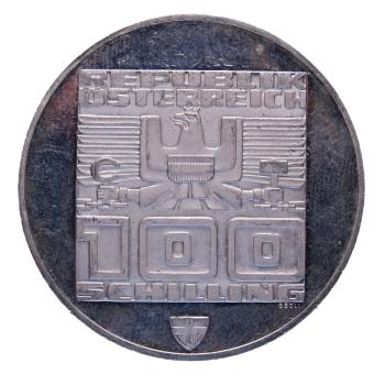 Rückseite: 100 Schilling Silber 1974 – Olympia Innsbruck, 4. Ausgabe Wien, PP