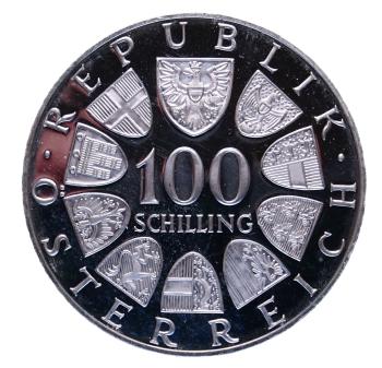 Rückseite: 100 Schilling Silber 1974 – Olympia Innsbruck, 4. Ausgabe Wien, PP