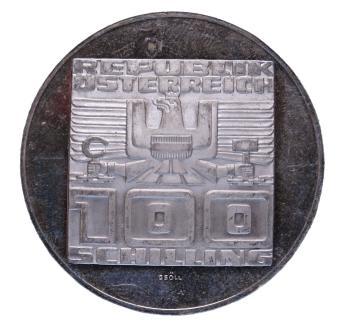 Rückseite: 100 Schilling Silber 1975 – Staatsvertrag Gedenkmotiv, PP