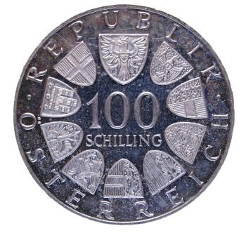 Rückseite: 100 Schilling Silber 1976 – Burgtheater Wien, Jubiläumsmotiv, PP