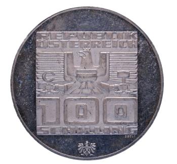 Rückseite: 100 Schilling Silber 1976 – Olympia Innsbruck, 2. Ausgabe Hall, PP