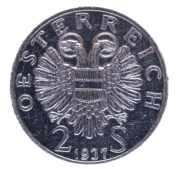 Bundesadler und Nominalangabe auf 2-Schilling-Silbermünze 1937
