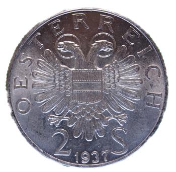 Bundesadler und Nominalangabe auf 2-Schilling-Silbermünze 1937
