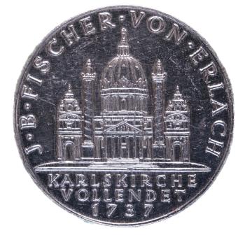 Vollendete Karlskirche auf 2-Schilling-Silbermünze 1937