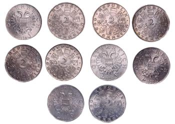 Rückseite der österreichischen 2-Schilling-Silbermünzen 1928–1937 Komplettsatz