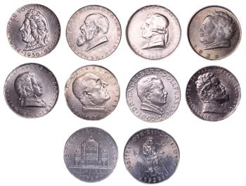 Vorderseite der österreichischen 2-Schilling-Silbermünzen 1928–1937 Komplettsatz