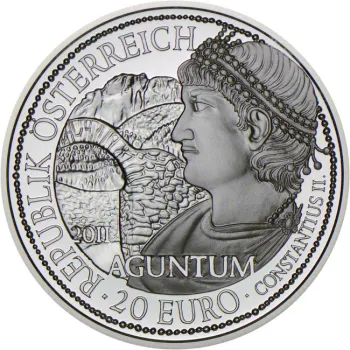 20 Euro Silbermünze 2011 Aguntum in Polierter Platte mit römischem Motiv – Österreichische Sammlermünze aus der Serie Rom an der Donau