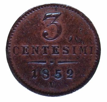 3 Centesimi 1852V Kupfermünze – Franz Joseph I. – Venedig – österreichisches Kaiserreich