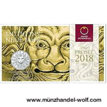 5 Euro Silbermünze 2018 mit Motiv Löwenkraft in Handgehobener Prägung, präsentiert im astrologischen Blister der Münze Österreich
