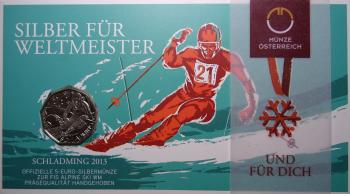 5-Euro-Silbermünze Österreich 2013 mit Motiv eines Wintersportlers, neuneckige Form, Handgehoben-Qualität im Originalblister mit Infofolder