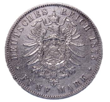 5 Mark Silbermünze 1875 A Preußen – Wilhelm I. mit Reichsadler, Randschrift Gott mit uns