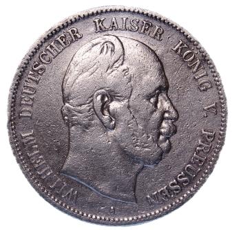 5 Mark Silbermünze 1875 A Preußen – Wilhelm I. mit Reichsadler, Randschrift Gott mit uns