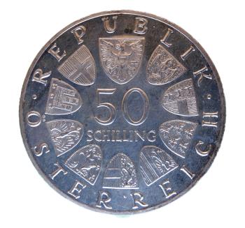 Wappenkreis & Wertangabe – 50 Schilling Silber 1966 PP