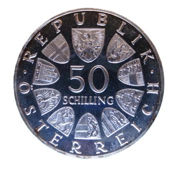 Republikinschrift & Wappen – 50 Schilling Silber 1968 PP