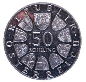 Republikinschrift & Wappen – 50 Schilling Silber 1968 PP