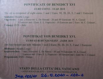 Kleinmünzsatz Euro 2010 Vatikan Papst Benedikt XVI.